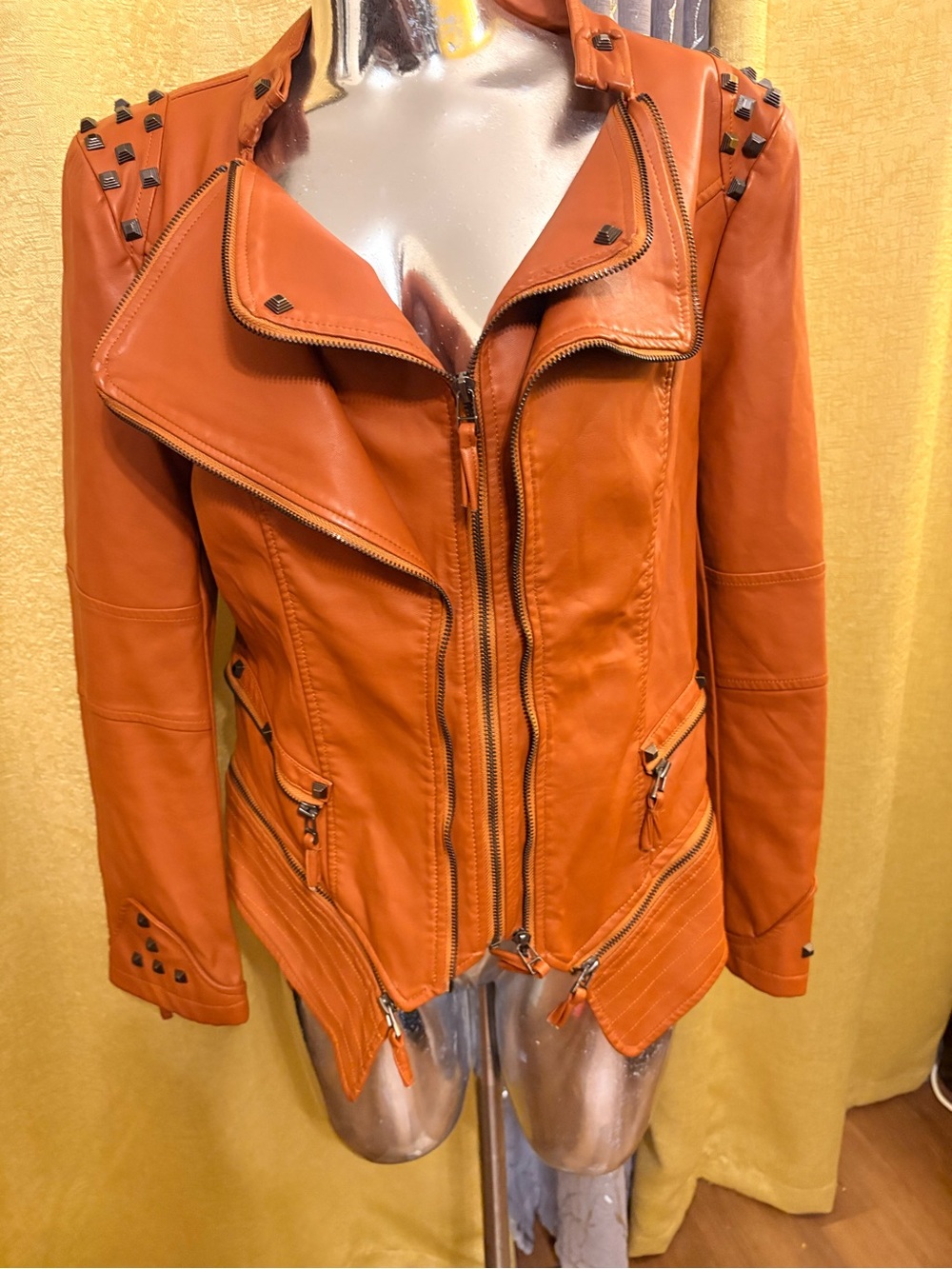 Camel Studded Leather Moto Jacket - Women
